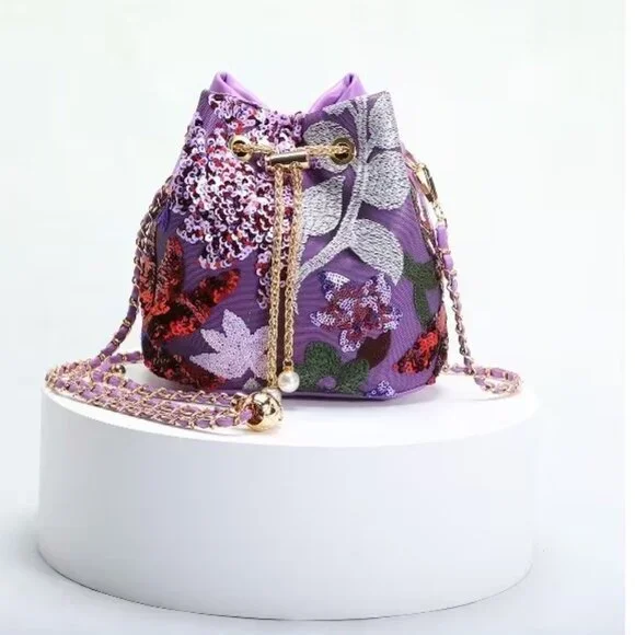 Floral Sequin Bucket Bag Gold Chain Bird Motif Crossbody - Picture 4 of 9